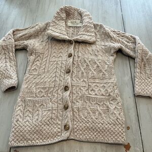 Aran Sweater Market Beige Tan Cardigan 100% Merino Wool Made in Ireland Sz S